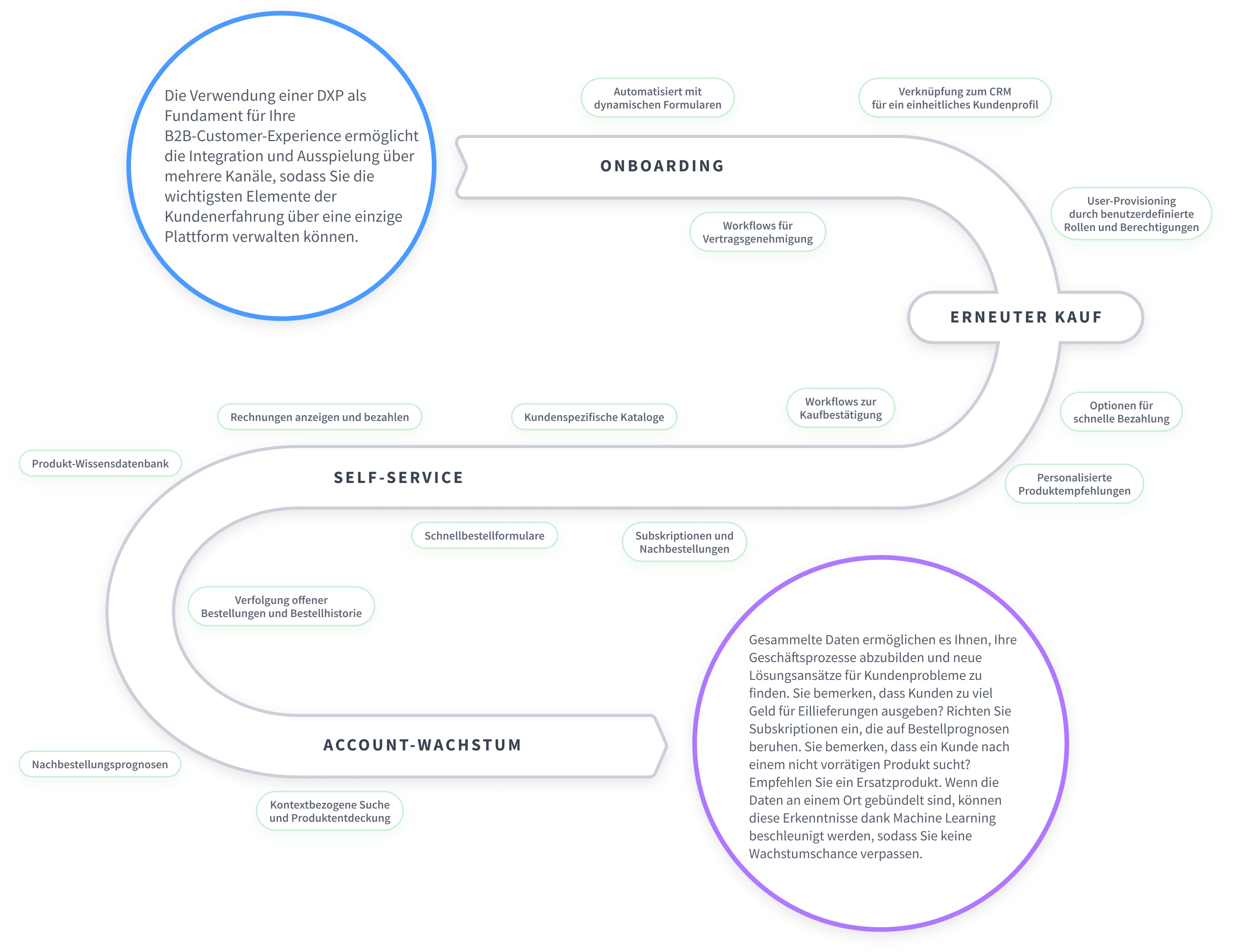 Diagram of a B2B buyers journey with a DXP at the core